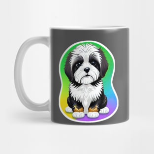 A Cute Havanese Puppy Dog with Black & White Markings and a Brown Trim with a Rainbow Color Background Mug